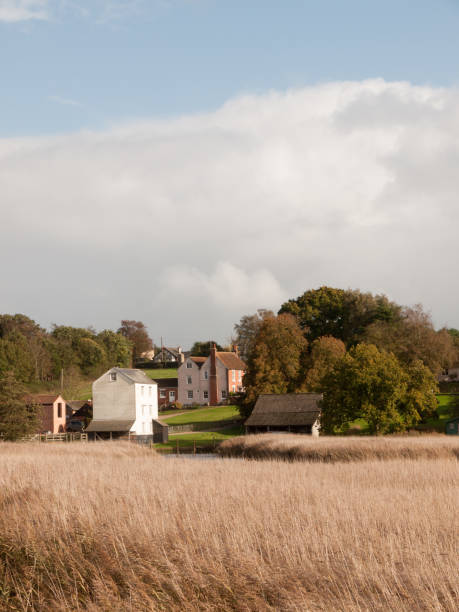 istock beautiful white mill old building end of coastal river beyond grass reeds 865508998