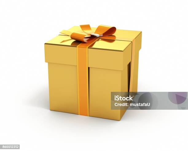 Gold Color Gift Box Isolated White Background Stock Photo - Download Image Now - Christmas Present, Wrapping Paper, Tied Bow