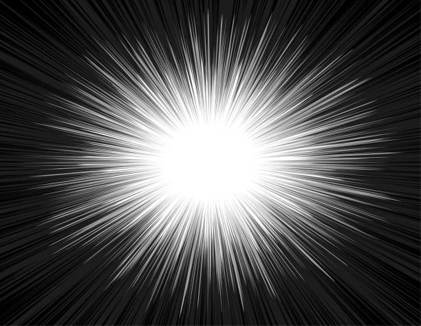 Speed Light Comic Book Style Explosion Beam Radial Zoom Background Light rays of an explosion with a radial zoom in a comic book style. Shine radiant manga background in black and white colors. The emission of luminous energy in the Big Bang. Vector illustration. zoom effect stock illustrations