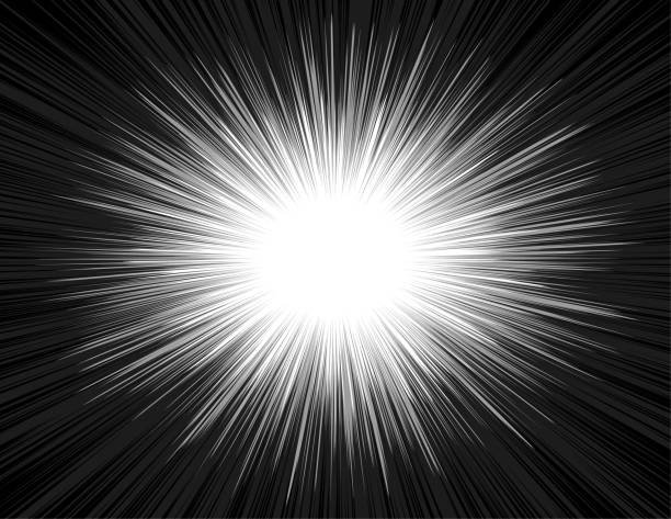 Speed Light Comic Book Style Explosion Beam Radial Zoom Background Light rays of an explosion with a radial zoom in a comic book style. Shine radiant manga background in black and white colors. The emission of luminous energy in the Big Bang. Vector illustration. big bang space stock illustrations