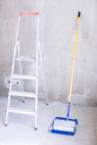 istock Blue bucket with paint, brush roller paint tray and ladder 865513290