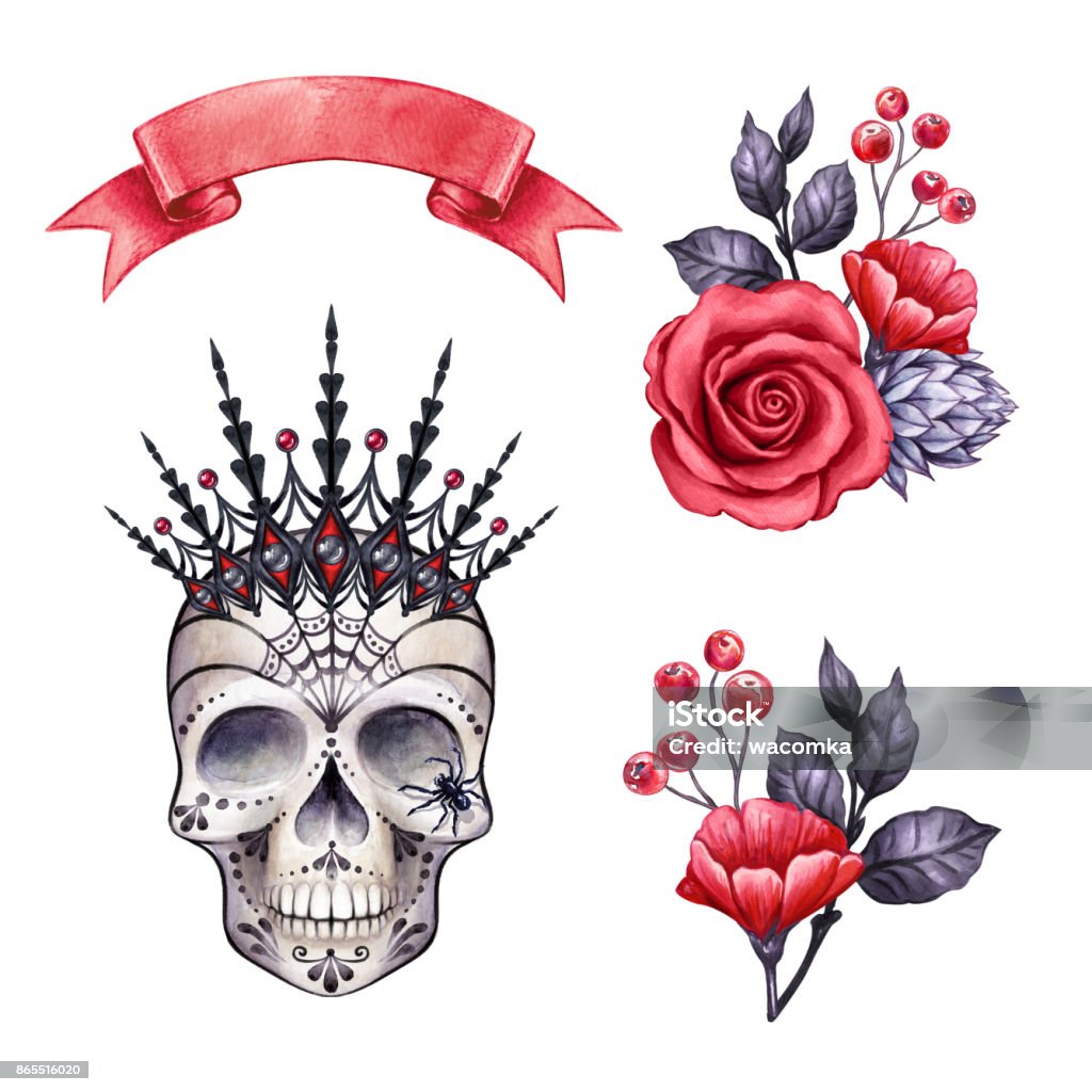 gothic Halloween clip art, floral skull watercolor illustration, rose flowers, autumn holiday  clip art isolated on white background Queen - Royal Person stock illustration