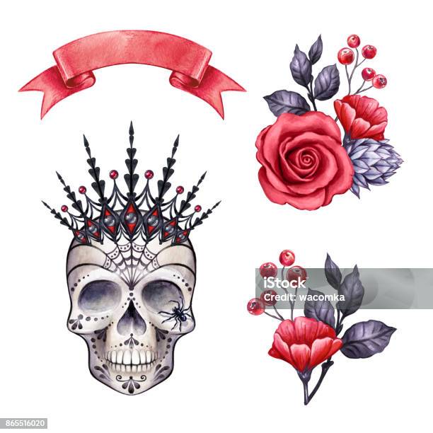 Gothic Halloween Clip Art Floral Skull Watercolor Illustration Rose Flowers Autumn Holiday Clip Art Isolated On White Background Stock Illustration - Download Image Now