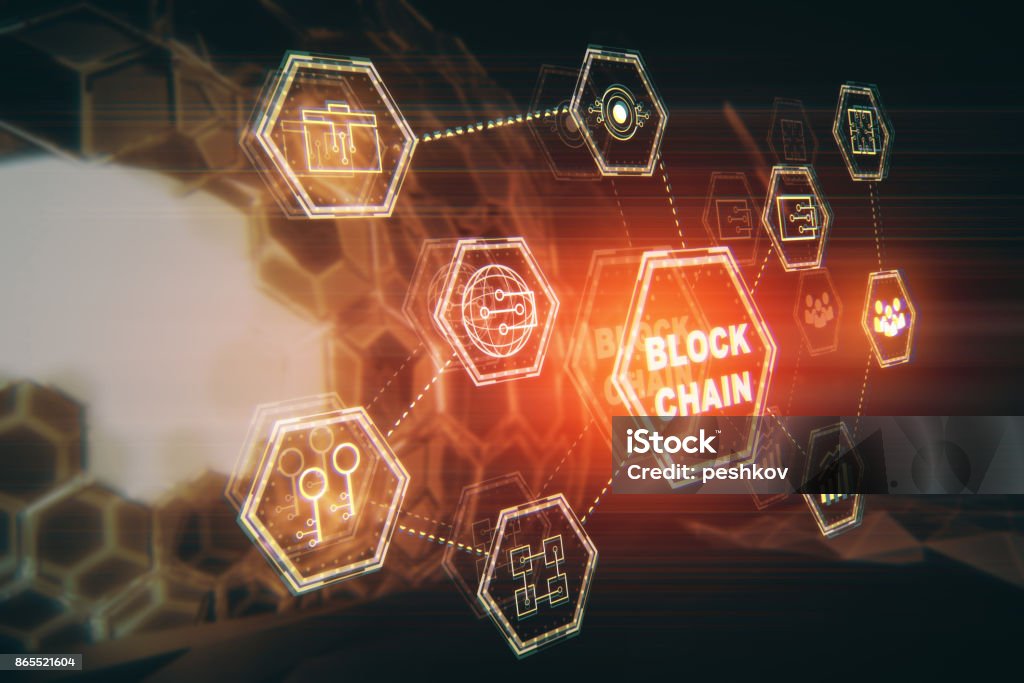 Interface concept Side view of block chain hologram on blurry pattern background. Interface concept. 3D Rendering Blockchain Stock Photo