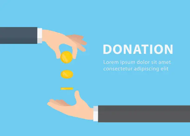 Vector illustration of Hand giving gold coin to another hand. Businessman gives a gold coin. Receiving money. Donation Concept