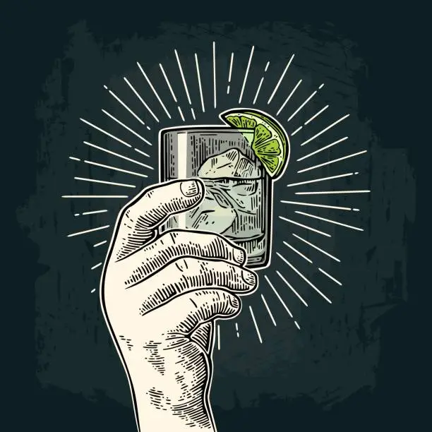 Vector illustration of Male hand holding a glass with gin. Vintage vector engraving