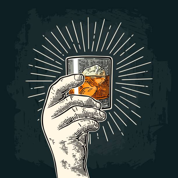 мужская рука, держащая стеклянный виски с лучом. винтаж векторной гравюры - whisky alcohol glass party stock illustrations