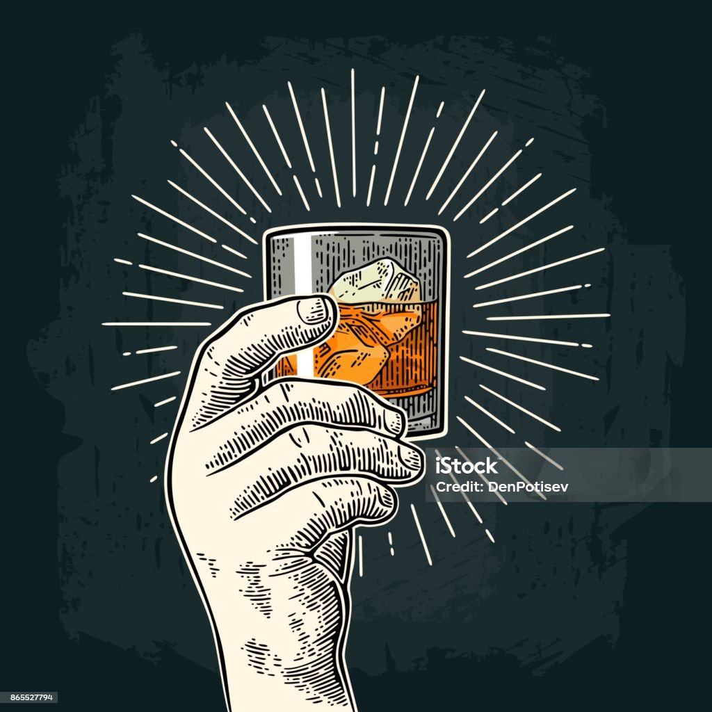Male hand holding glass whiskey with ray. Vintage vector engraving Male hand holding glass whiskey with ray. Vintage color and monochrome vector engraving illustration for label, poster, invitation to party. Isolated on dark background Whiskey stock vector