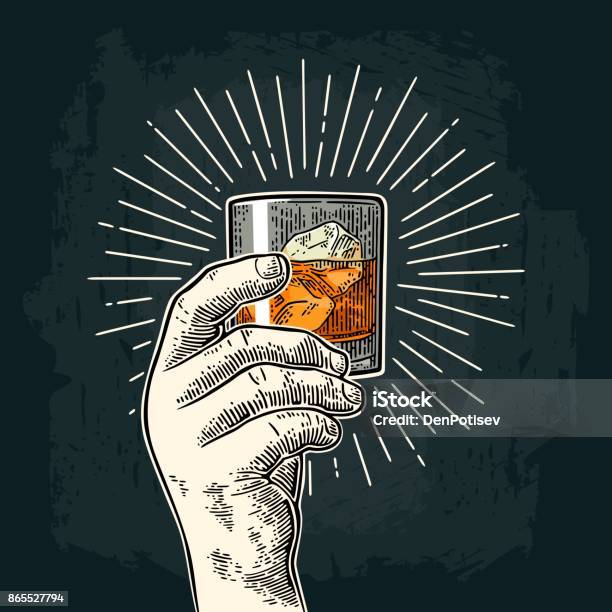 Male Hand Holding Glass Whiskey With Ray Vintage Vector Engraving Stock Illustration - Download Image Now