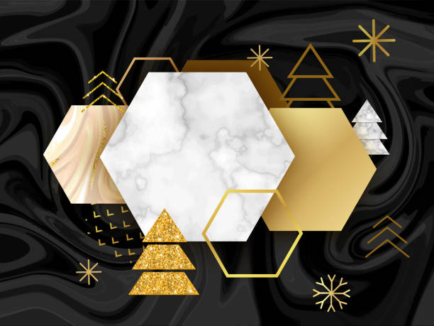 istock Winter minimalistic poster in trendy scandinavian geometric style with marble stone texture, christmas tree silhouette, snowflakes, hexagons, metal foil and glitter, holiday invitation template 865530650