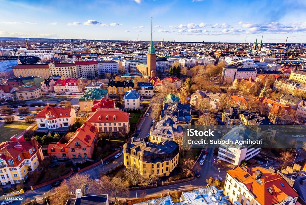 Aerial view of Colorful Helsinki-Drone This picture shows how Helsinki city look from drone. The aerial view of helsinki shows thats it look vey colorful from sky. Finland Stock Photo
