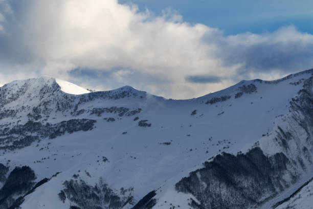 istock View on off-piste slope with forest and sunlight sky with clouds 865541378