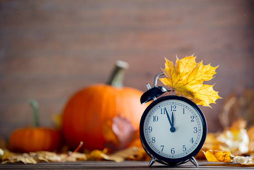 Vintage alarm clock and maple tree leaves with pumpkins on yellow wooden background with bokeh. Autumn season image style for Thaksgiving holiday