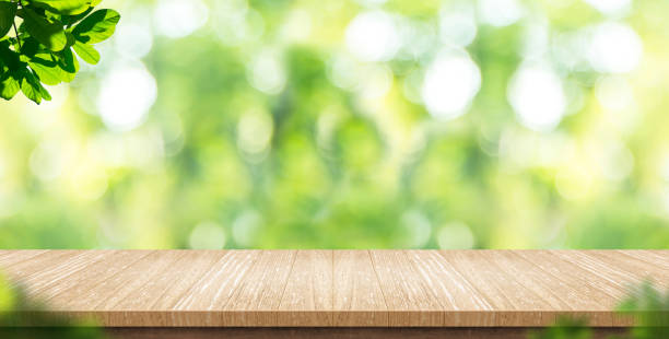istock Empty wood plank table top with blur park green nature background bokeh light,Mock up for display or montage of product,Banner or header for advertise on social media,Spring and Summer concept 865543854