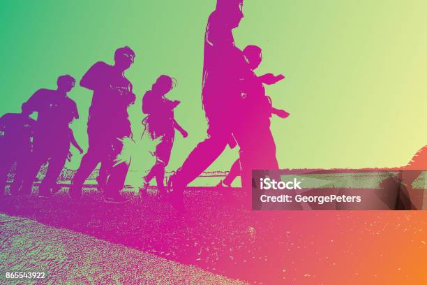 Sequential Series Silhouettes Of People Fitness Walking On Footpath Around Lake Calhoun Minneapolis Stock Illustration - Download Image Now