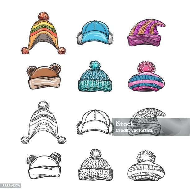 Sketch And Colorful Winter Hat Set Stock Illustration - Download Image Now - Art, Arts Culture and Entertainment, Autumn