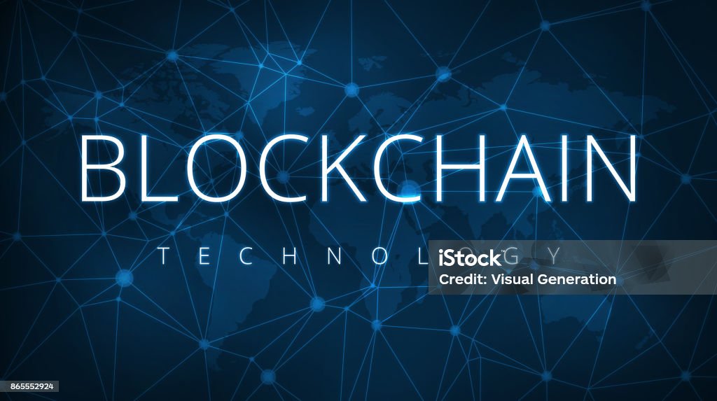 Blockchain technology futuristic hud banner Blockchain technology on futuristic hud background with world map and blockchain peer to peer network. Global cryptocurrency blockchain business banner concept. Peer-to-peer stock illustration