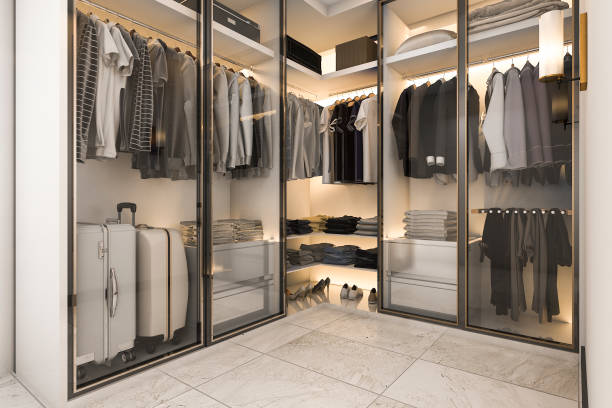 istock 3d rendering walk in closet with golden decor 865574690