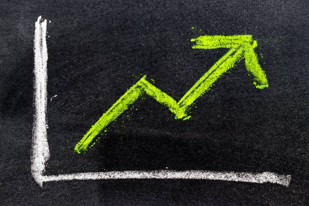 istock Green color hand drawing chalk in arrow up shape on black board background (Concept of revenue increase, stock or business growth) 865577356