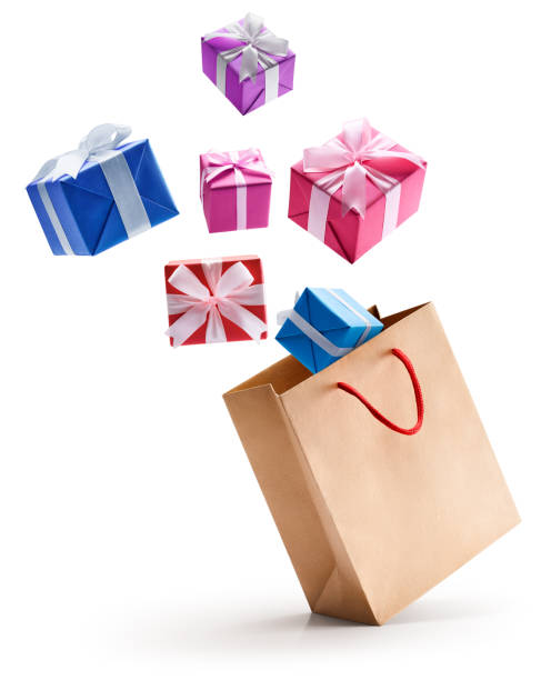 ショッピング バッグからギフト ボックス ポップ アウト - christmas bag shopping bag gift ストックフォトと画像