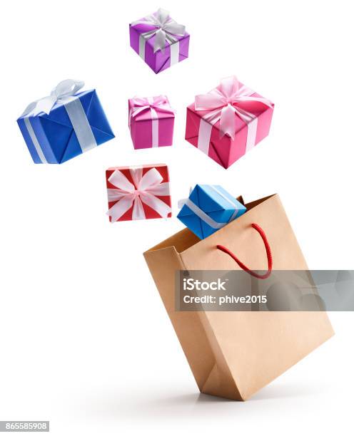 Gift Boxes Pop Out From Shopping Bag Stock Photo - Download Image Now - Shopping Bag, Gift, Cut Out