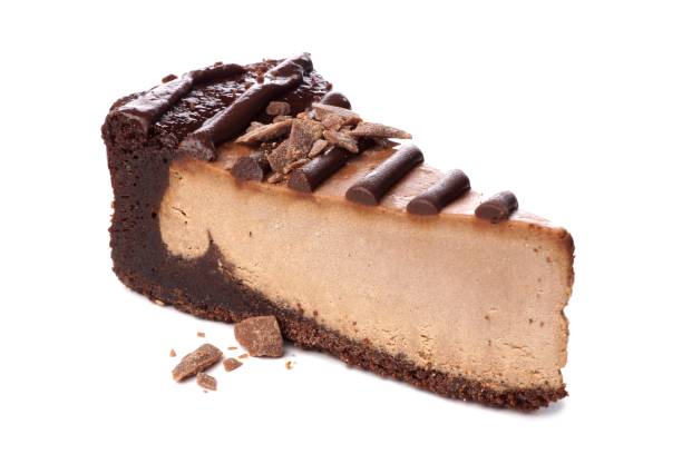 istock Slice of chocolate cheesecake isolated on white 865586294
