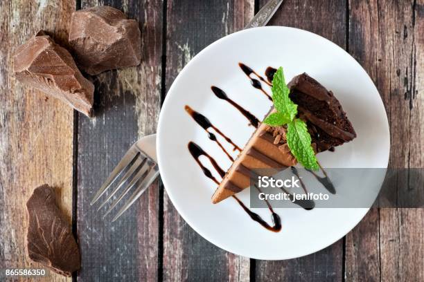 Chocolate Cheesecake Above View Over Rustic Wood Stock Photo - Download Image Now - Dessert - Sweet Food, Plate, Above