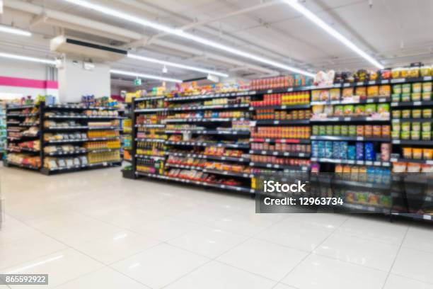 Abstract Blurred In Supermarket And Commodity Product On Shelf Stock Photo - Download Image Now