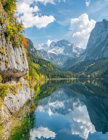 Gosausee, Beautiful Fall Colors with Dachstein Glacier in back, Lake Gosau, Austria. Nikon D810. Converted from RAW.