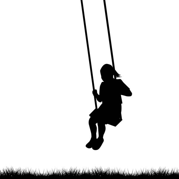 ilustrações, clipart, desenhos animados e ícones de criança se divertindo em um swing ao ar livre - andar de balanço