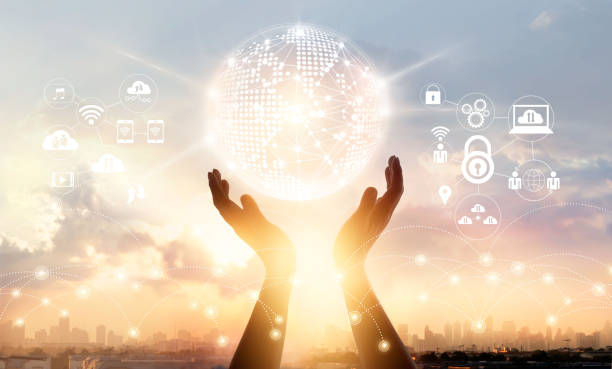 istock Businessman touching circle global network connection and data exchanges worldwide on city sunset background, communication and technology concept 865596806