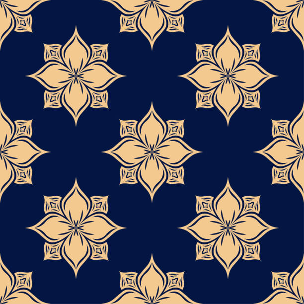 ilustrações de stock, clip art, desenhos animados e ícones de golden floral seamless pattern on blue background - f04