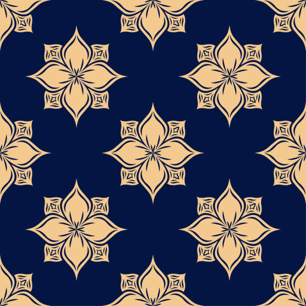 золотой цветочный бесшовный узор на синем фоне - f04 stock illustrations