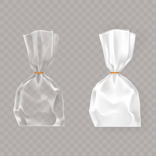 Set of realistic vector illustrations of plastic packages of white and transparent air blown. Set of realistic vector illustrations of plastic packages of white and transparent inflated with air and tied with a rope isolated on a gray background. vacuum packed stock illustrations