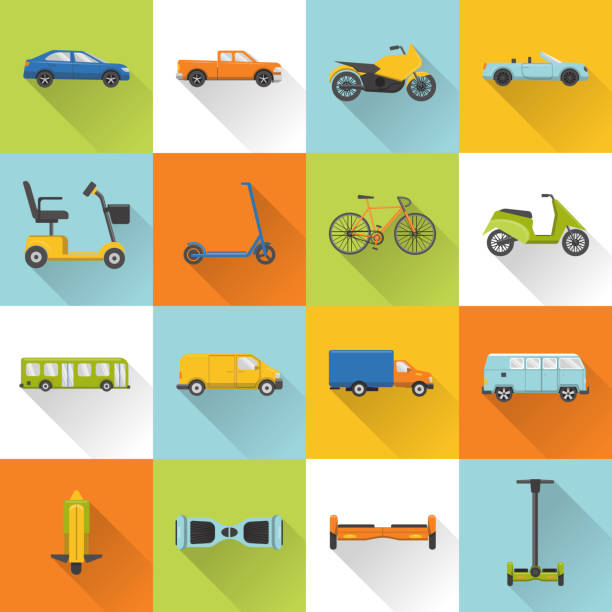 Collection of transport icons with long shadow Collection of different transport icons in flat style with long shadow. City transportation symbols set. push scooter illustrations stock illustrations