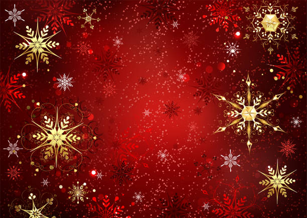 ilustrações de stock, clip art, desenhos animados e ícones de red background with gold snowflakes - christmas backgrounds glitter star shape