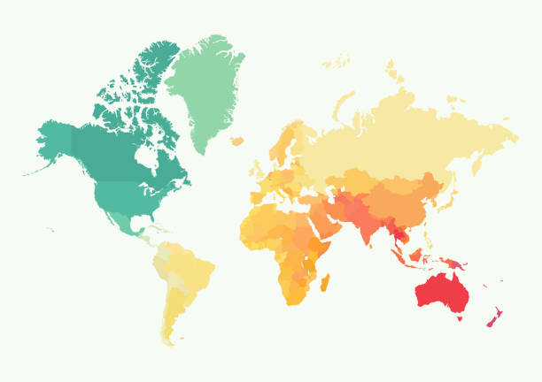ilustraciones, imágenes clip art, dibujos animados e iconos de stock de mapa de mundial de alto detalle con color - continente área geográfica