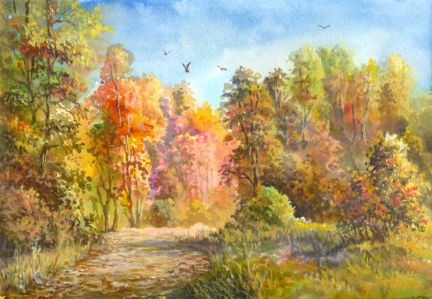 акварейло осенний пейзаж - paintings watercolor painting landscape autumn stock illustrations