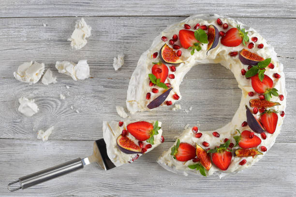 pavlova cake cut in slices, top view