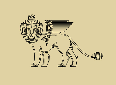 Griffin, a lion in the crown with wings in the style of engraving of linear design for a premium sing or coat of arms. Lion with a crown symbol of power, strength, security. Leo.