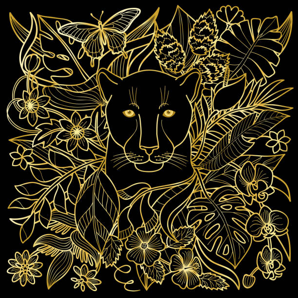 Panther Golden Pattern Jungle pattern with panther, flowers and leaves. Outline golden textile print, exotic luxury squared composition. mountain lion tree stock illustrations