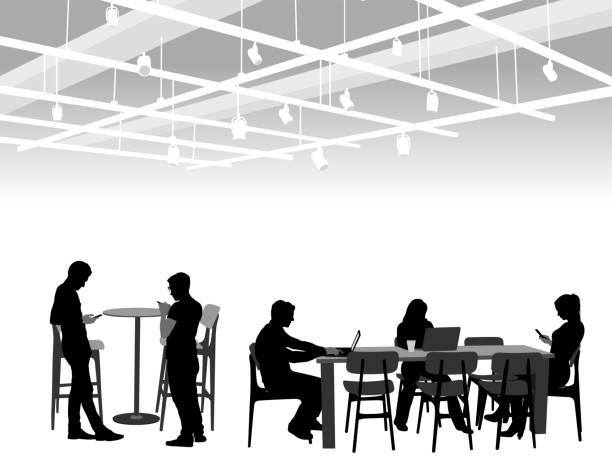 Campus Coffee Shop Relaxation Young people sit and have coffee while studying at tables internet silhouettes stock illustrations