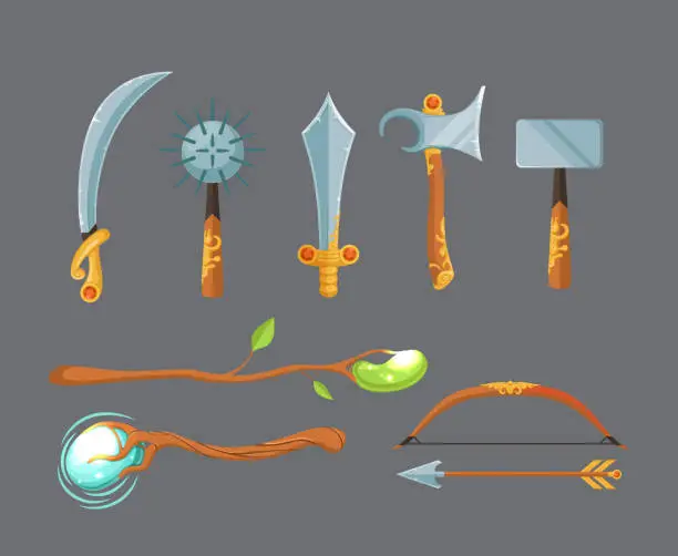 Vector illustration of Vector set of fantasy cartoon game design swords, axes, staffs and bow weapon isolated on grey background