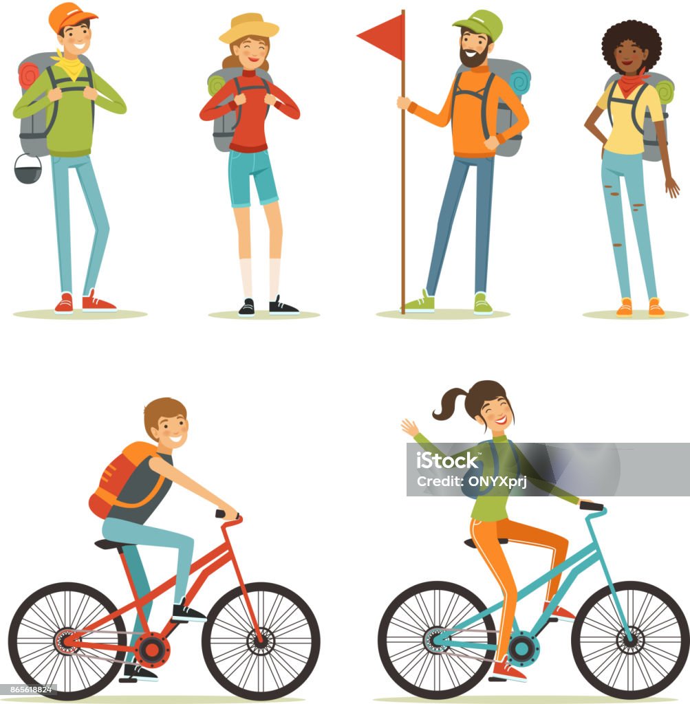 Family tourism. People hiking. Young people travelling. Cartoon illustration of camping Family tourism. People hiking. Young people travelling. Cartoon illustration of camping. Hiking and vacation, tourism man character Hiking stock vector