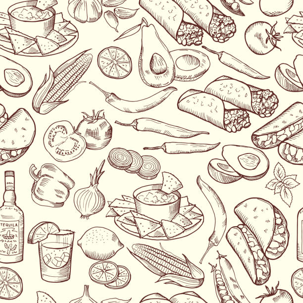 Seamless pattern with traditional mexican food. Vector pictures set Seamless pattern with traditional mexican food. Vector pictures set. Illustration of mexican food pattern, pepper chili and tequila background mexican food stock illustrations
