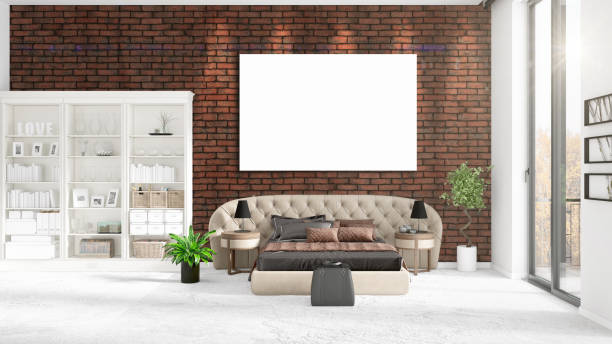 istock Fashionable modern loft interior with empty frame and copyspace in horizontal arrangement. 3D rendering. 865619178