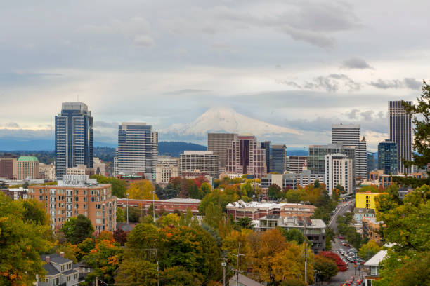 Portland OR downtown cityscape and Mt Hood Fall Season USA Portland Oregon downtown city skyline and snow covered Mount Hood view in Fall Season America mt hood photos stock pictures, royalty-free photos & images