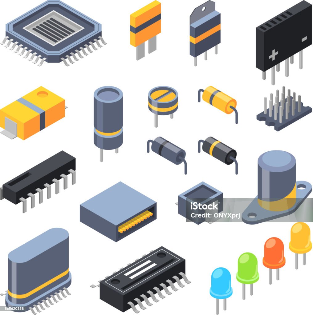Kondensator, verschiedene Chips, Halbleiter- und elektrische Komponenten für elektronische Bauteile - Lizenzfrei Halbleiter Vektorgrafik