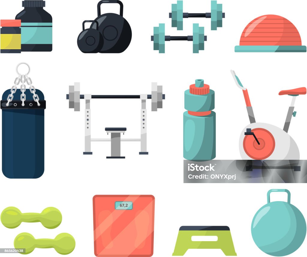 Different equipment for gym. Weight, gymnastic ball, dumbbells and other tools for powerlifting or bodybuilding Different equipment for gym. Weight, gymnastic ball, dumbbells and other tools for powerlifting or bodybuilding. Fitness and sport, dumbbell and weight equipment, vector illustration Dumbbell stock vector