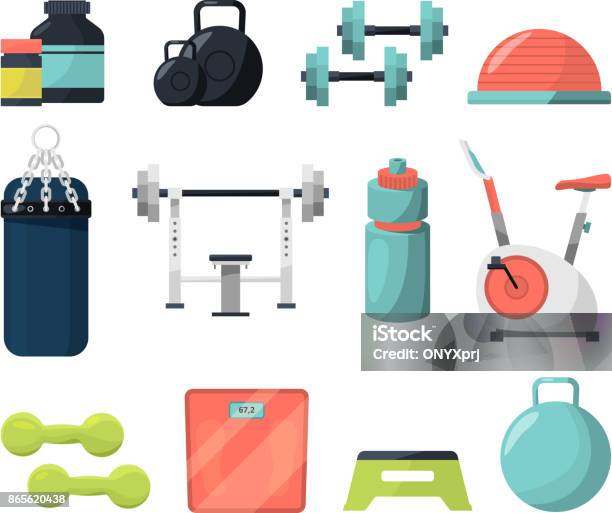 Different Equipment For Gym Weight Gymnastic Ball Dumbbells And Other Tools For Powerlifting Or Bodybuilding Stock Illustration - Download Image Now